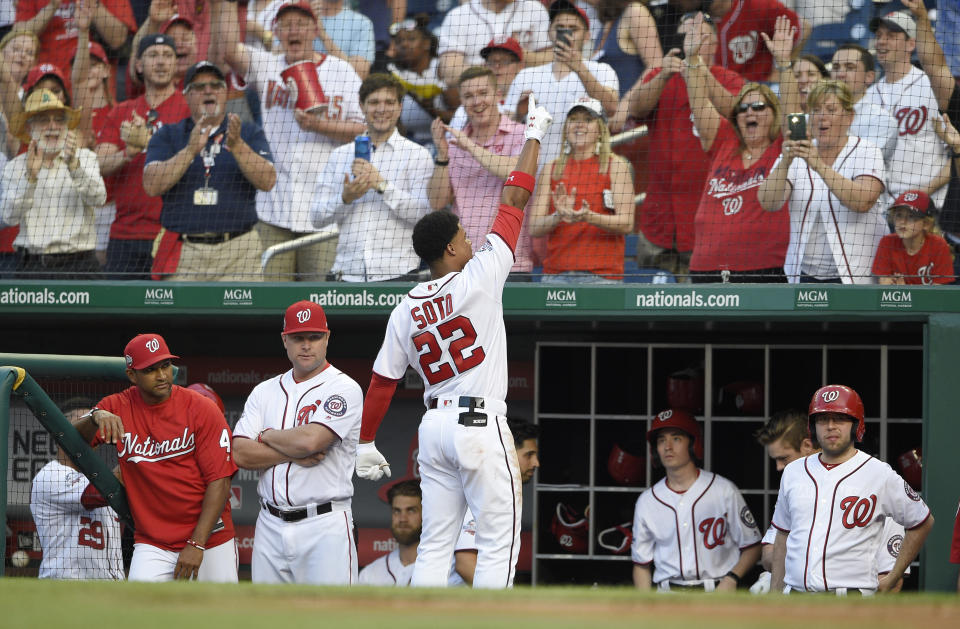 Juan Soto took a curtain call after his first MLB home run on Monday, but his former teammates at the Nationals academy were even more amped than the crowd at Nationals Park. (AP Photo)