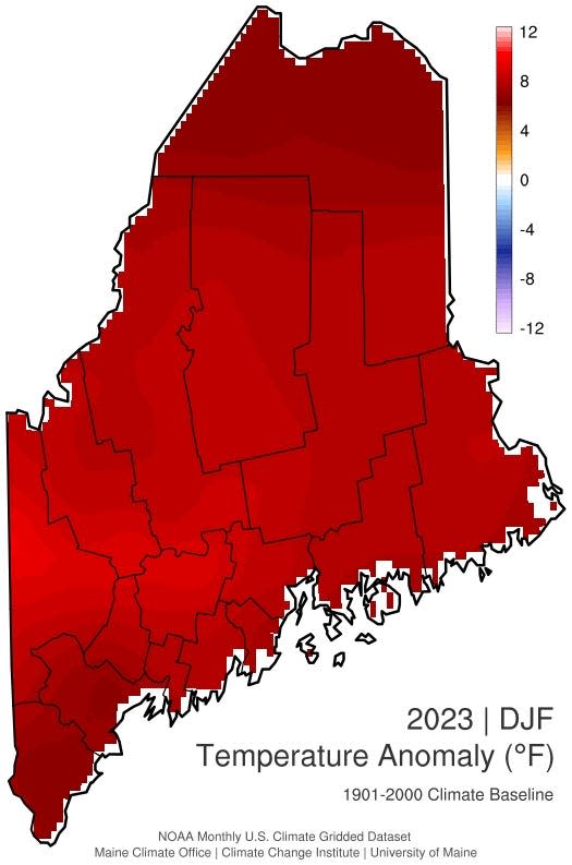 This map shows Maine's average winter temperatures (December through February) for 2023. Temperatures were sharply above the 128-year average in all areas of the state. Overall Maine was 7.7 degrees Fahrenheit warmer than the average for that period.