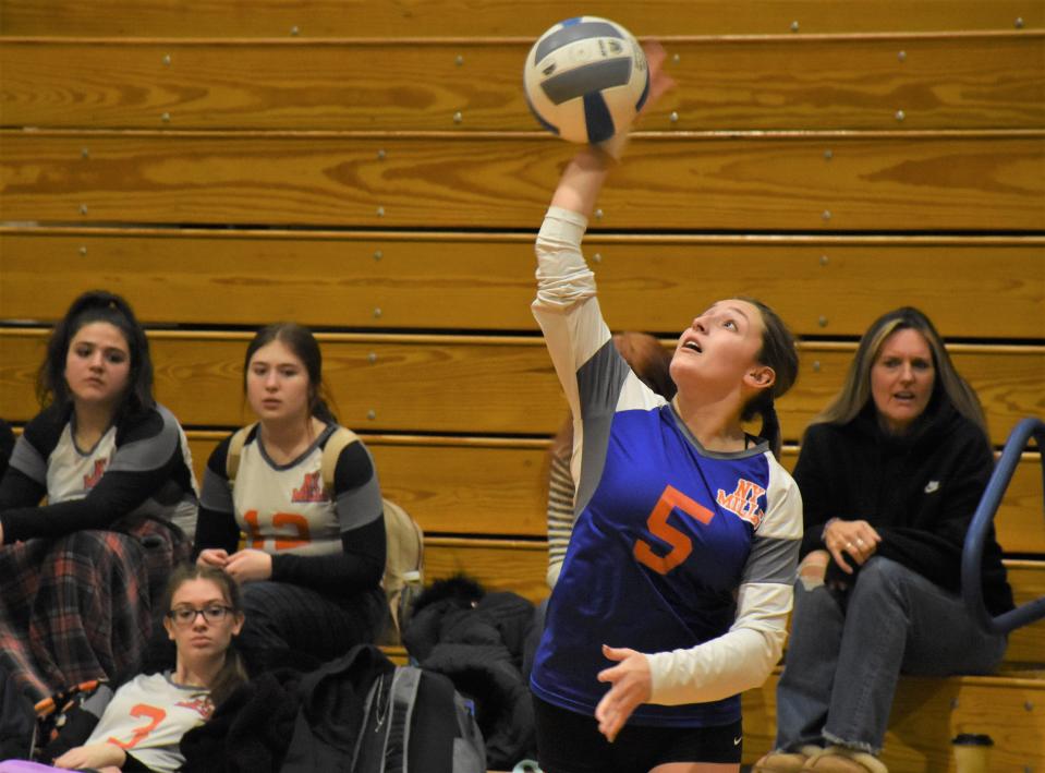 Lenna Comenale serves for New York Mills at the annual Finale Tournament Saturday in Dolgeville. New York Mills' Marauders travel to Van Hornesville for first round play in Class D against a team they beat twice in league play, Owen D. Yioung/Richfield Springs.