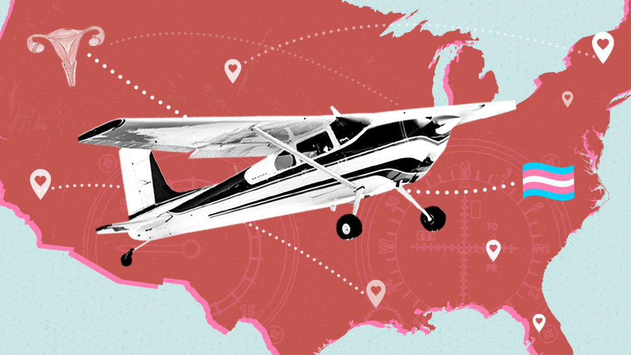 Small plane in front of red map of U.S. with uterus representing abortion care and trans flag.