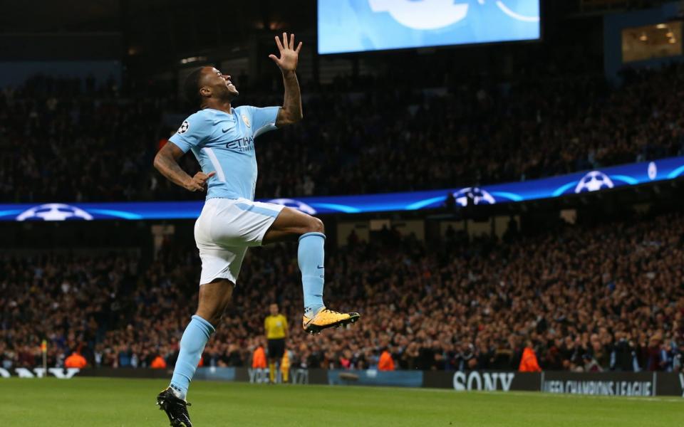 Raheem Sterling celebrates the first of Manchester City’s two goals against Napoli. (The Telegraph)