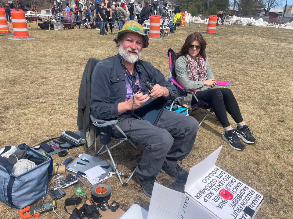 Pat Heder, of Highland Mills, came to view the eclipse at Tupper Lake's Wild Center in April 8, 2024. An engineer by trade, he studies astronomy in his spare time, and he fashioned a pinhole projector out of a cardboard box to capture images of the sun during the period of partial eclipse phase.