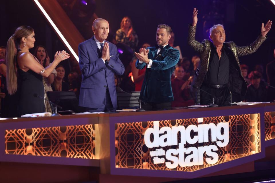carrie ann inaba, len goodman, bruno tonioli and derek hough clap as len announces his retirement on 'dancing with the stars'