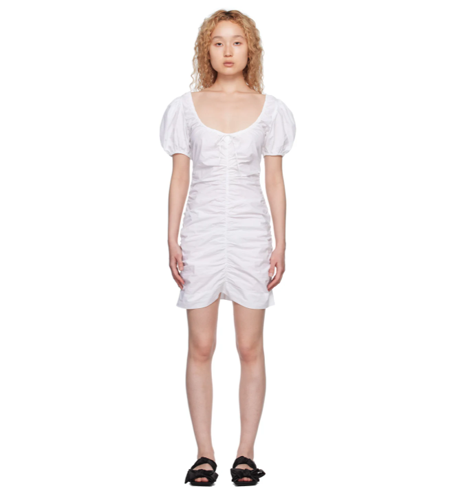 Ganni White Ruched Minidress. Image via SSENSE.