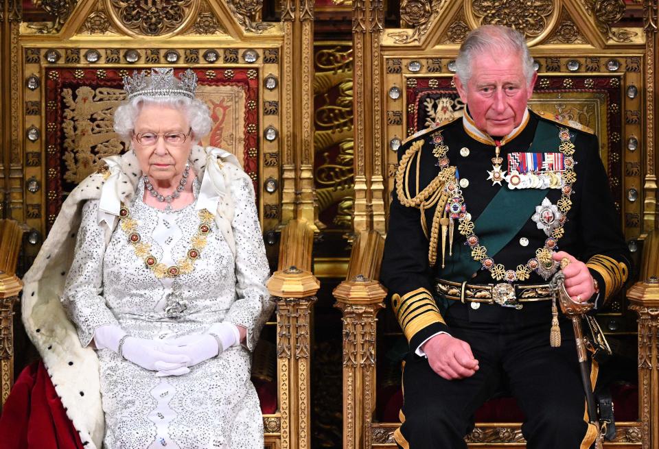 The State Opening of Parliament 2019 .  The Queen and The Prince of Wales 