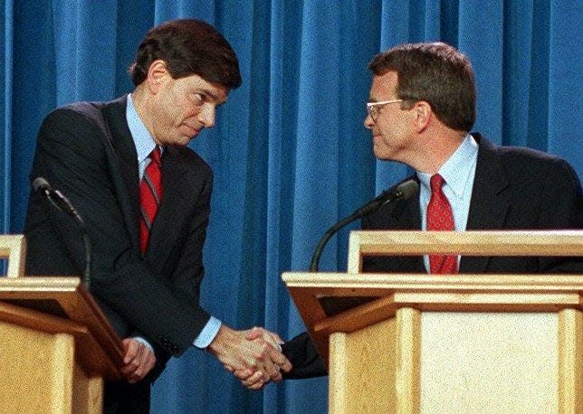 Mike DeWine (right) debated his Democratic challenger Joel Hyatt three times during in the U.S. Senate race in 1994.