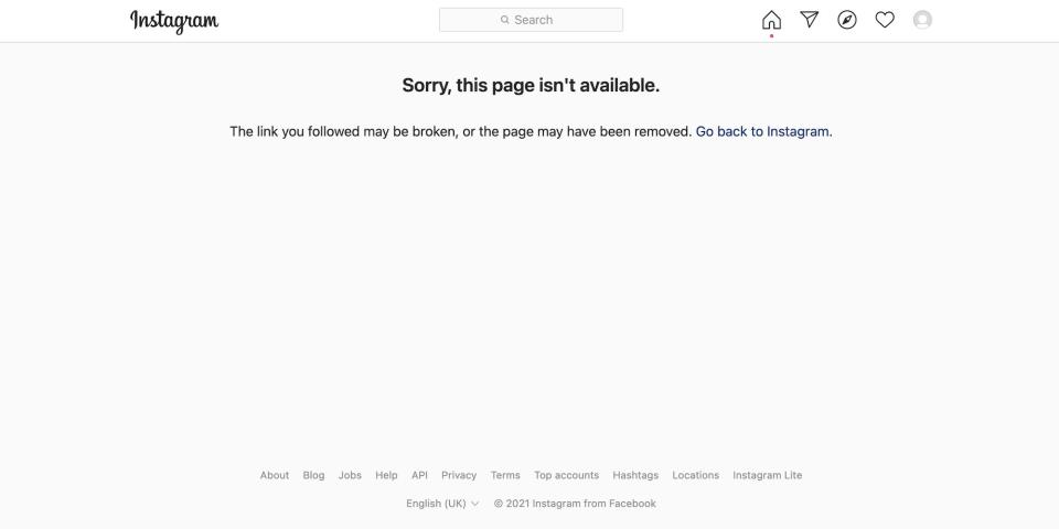 A screenshot of Gabby Petito's Instagram page, saying "Sorry, this page isn't available."