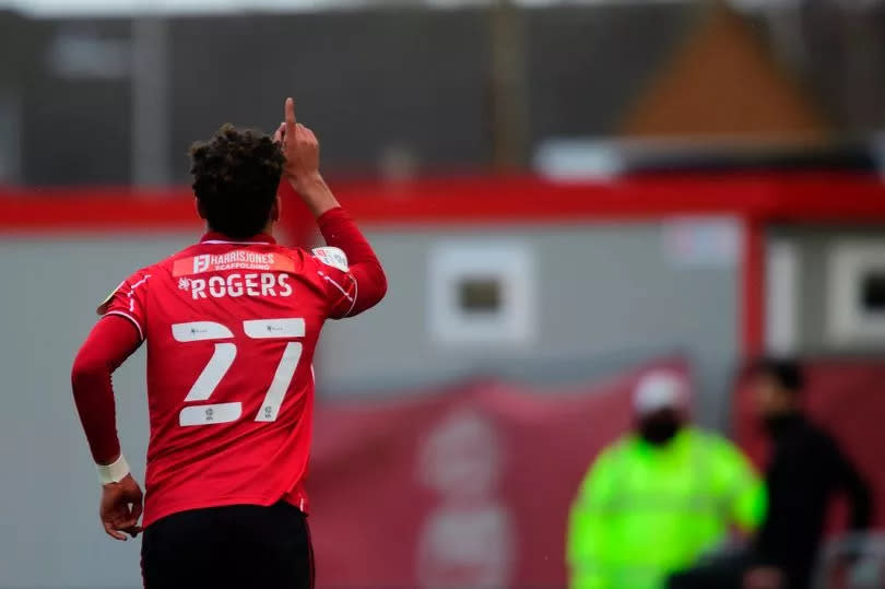 Morgan Rogers celebrates scoring for Lincoln City