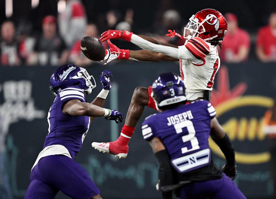 Utah Utes wide receiver Money Parks (10) can’t hold onto the ball as Utah and Northwestern play in the SRS Distribution Las Vegas Bowl on Saturday, Dec. 23, 2023. | Scott G Winterton, Deseret News