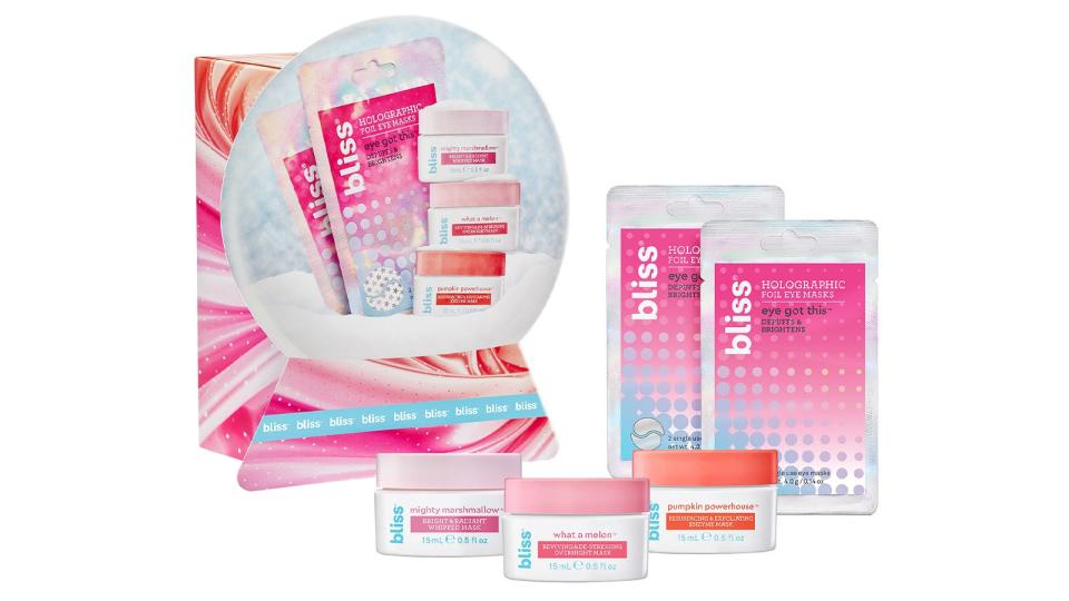 Help your giftee exfoliate and hydrate their skin with the Bliss Snow Globe Mask Set.