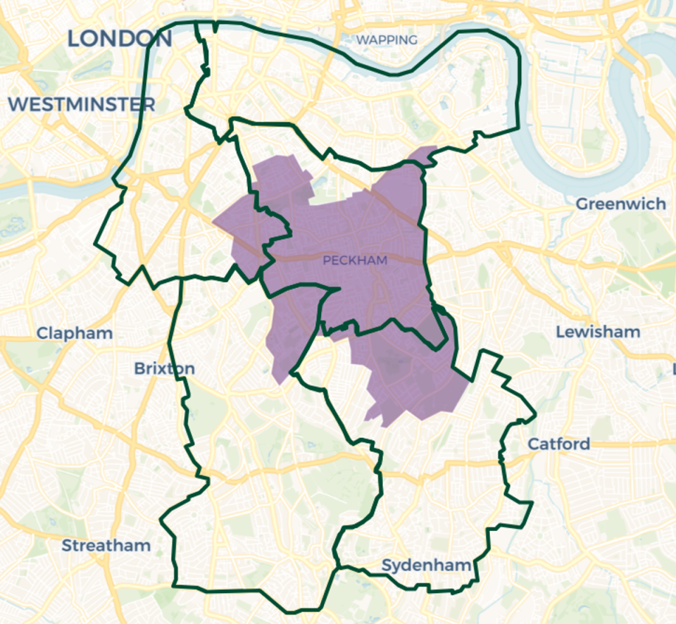 Peckham constituency map: Purple shaded area: Current constituency boundary. Green outlines new constituency boundaries (© OpenStreetMap contributors | © CARTO)