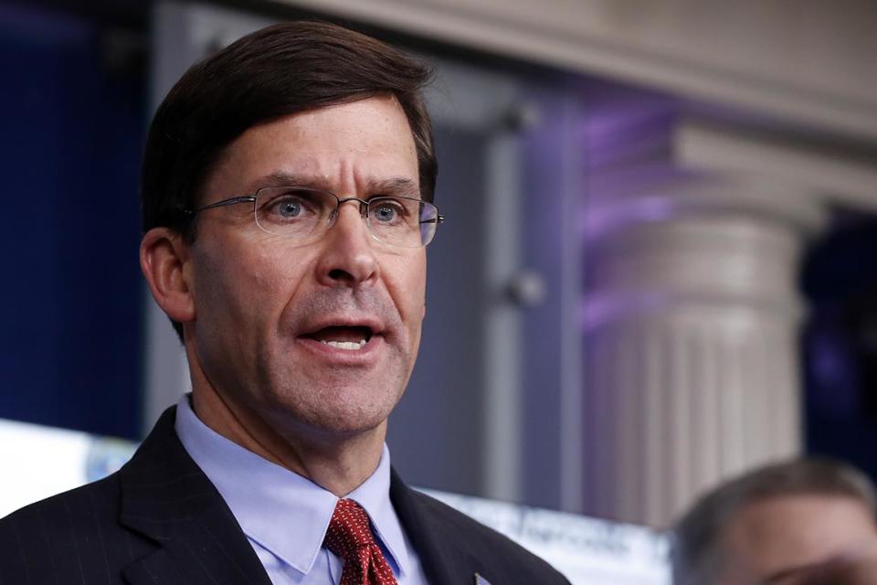 FILE - In this April 1, 2020, file photo, Defense Secretary Mark Esper speaks about the coronavirus in the James Brady Press Briefing Room of the White House in Washington. (AP Photo/Alex Brandon, File)