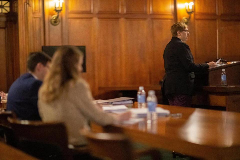 Amy D. Cubbage, Kentucky Gov. Andy BeshearÕs general counsel, makes arguments before the Kentucky Supreme Court at the state Capitol in Frankfort, Ky., on Thursday, June 10, 2021. The stateÕs highest court heard arguments in a case that will decide whether the state legislature can limit BeshearÕs emergency powers.