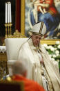 Pope Francis attends a consistory ceremony where 13 bishops were elevated to a cardinal's rank in St. Peter’s Basilica at the Vatican, Saturday, Nov. 28, 2020. (Fabio Frustaci/POOL via AP)