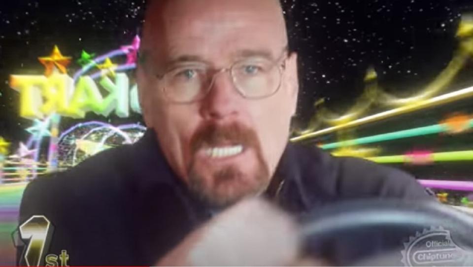 Walter White races down the Rainbow Road in a Breaking Bad Mario Kart parody video.