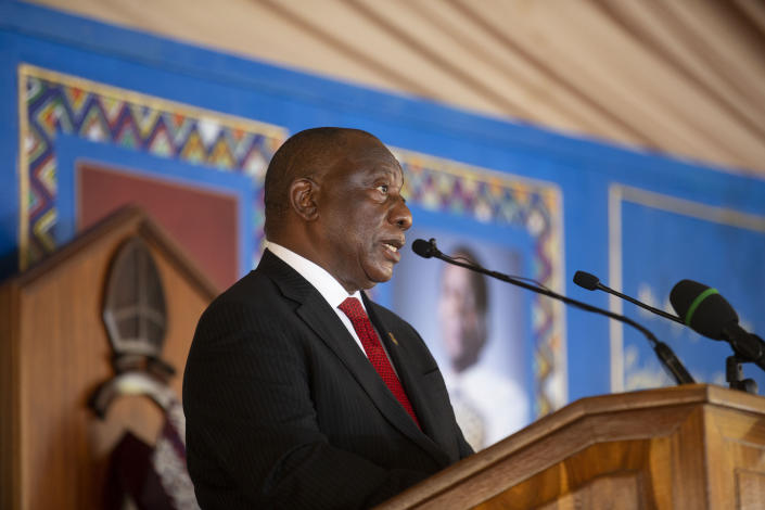 South African President Cyril Ramaphosa delivers his eulogy during the memorial service for Zulu King Goodwill Zwelithini in Nongoma, South Africa, Thursday, March 18, 2021. The monarch passed away early Friday after a reign that spanned more than 50 years. (AP Photo/PhilL Magakoe)