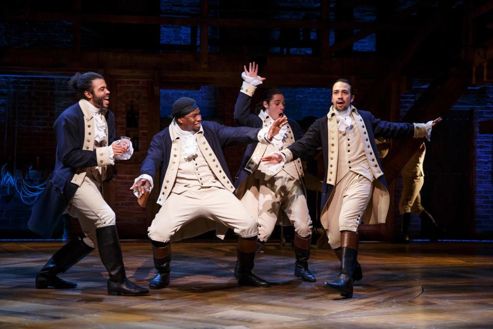 Original Broadway cast members Daveed Diggs (from left), Okieriete Onaodowan, Anthony Ramos and Lin-Manuel Miranda star in the filmed version of "Hamilton" coming to Disney Plus this summer.