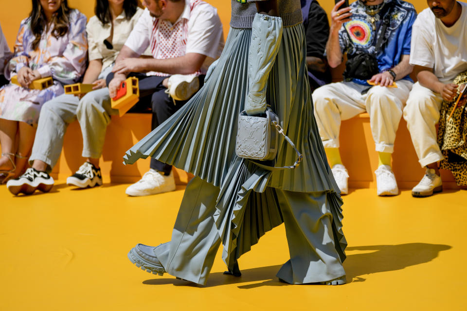 A model wears a creation as part of the Louis Vuitton men's Spring Summer 2023 collection presented in Paris, France, Thursday, June 23, 2022. (AP Photo/Francois Mori)