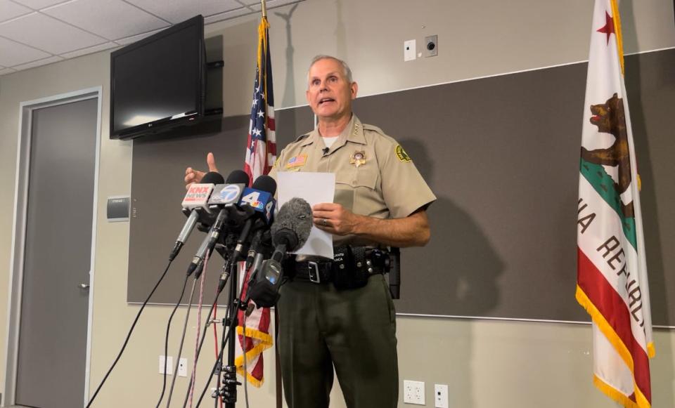 Sheriff Shannon Dicus addresses the media on Tuesday regarding the fatal shooting in Hesperia of fugitive Anthony John Graziano, 45, and his 15-year-old daughter, Savanna Graziano.