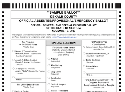 The top of a sample Georgia ballot from 2020 – will Trump be able to get on the 2024 ballot? <a href="https://www.dekalbcountyga.gov/sites/default/files/users/user304/2020-11-03%20Composite%20Sample%20Ballot%20rev%203.pdf" rel="nofollow noopener" target="_blank" data-ylk="slk:DeKalb County, Georgia;elm:context_link;itc:0" class="link ">DeKalb County, Georgia</a>