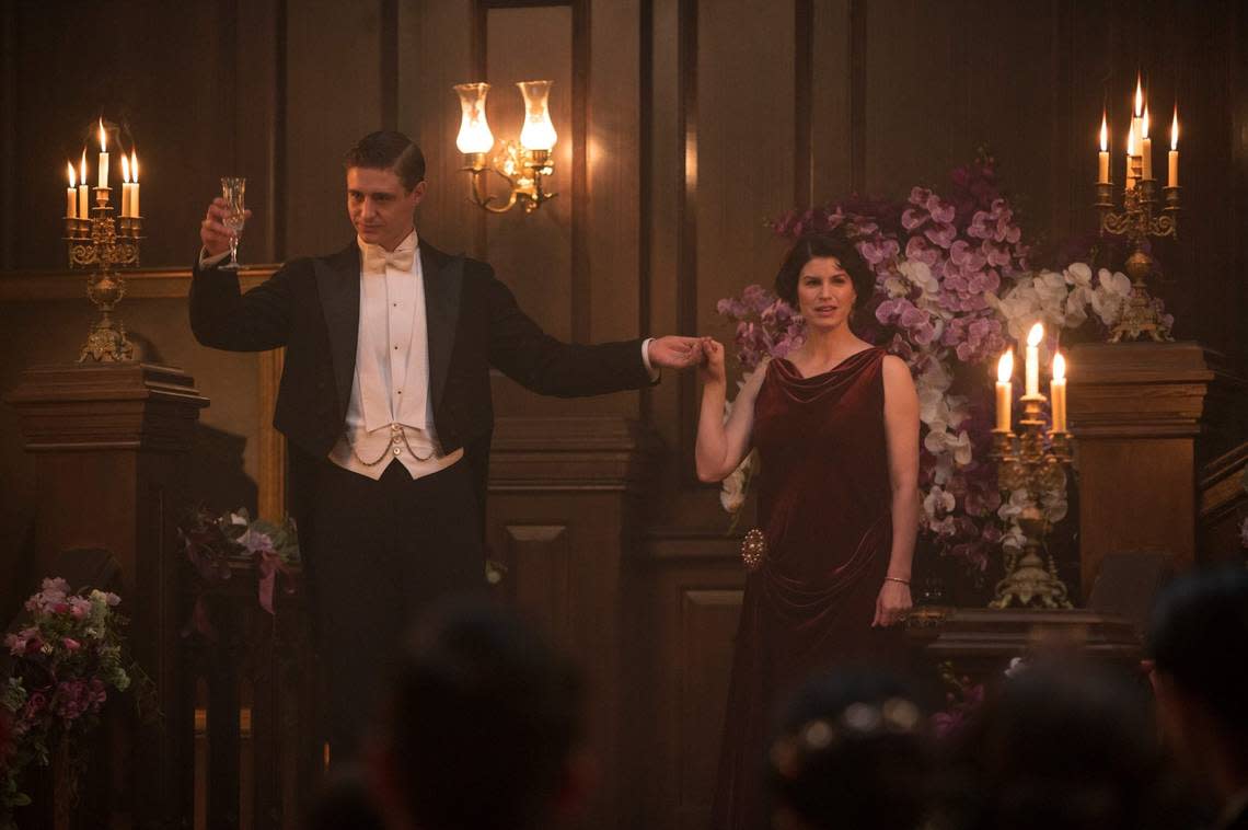 Max Irons as Malcolm Foxworth and Jemima Rooper stars as Olivia Winfield Foxworth in the Lifetime limited series “Flowers in the Attic: The Origin.”