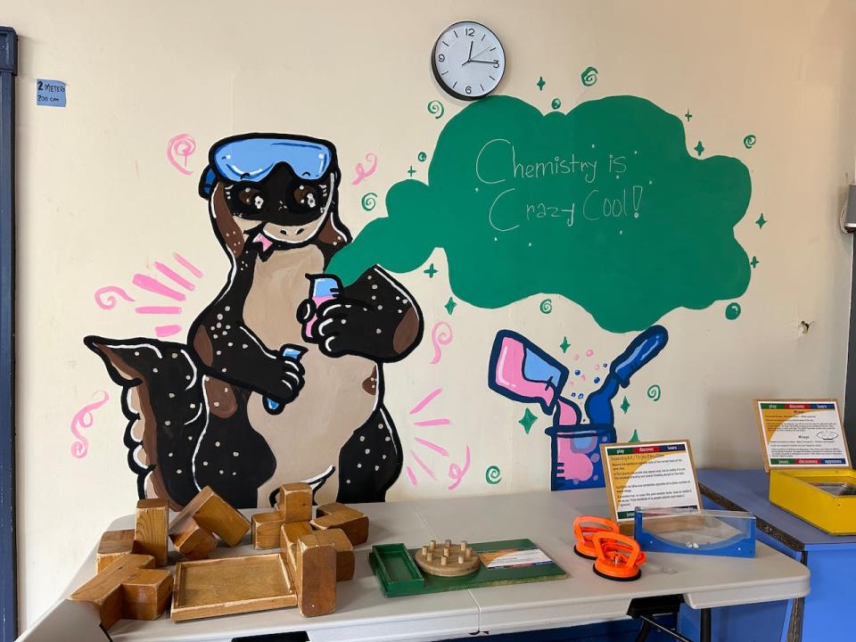 A mural on the wall of a large room in the Science East centre in Fredericton. This room was used for science camps and demonstrations for tour groups, among other things. 