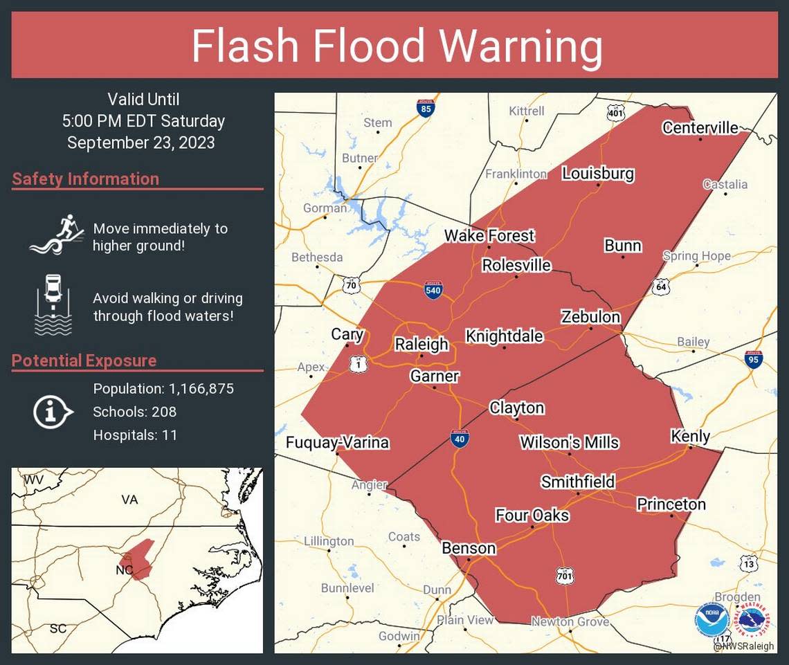 Much of Wake County is under a flash flood warning as Tropical Storm Ophelia passes through Saturday.