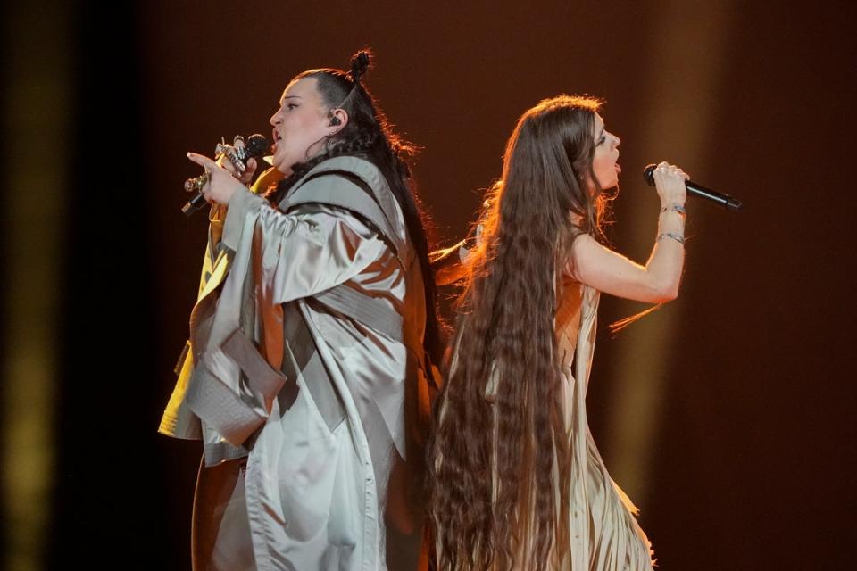 Alyona Alyona (left) and Jerry Heil perform during a Eurovision dress rehearsal (Copyright 2024 The Associated Press. All rights reserved.)
