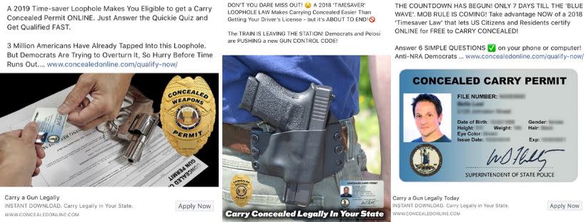 &ldquo;A 2019 Time-saver Loophole Makes You Eligible to get a Carry Concealed Permit ONLINE,&rdquo; reads one of Concealed Online&rsquo;s 25,000 ads. (Photo: Facebook/Concealed Online)