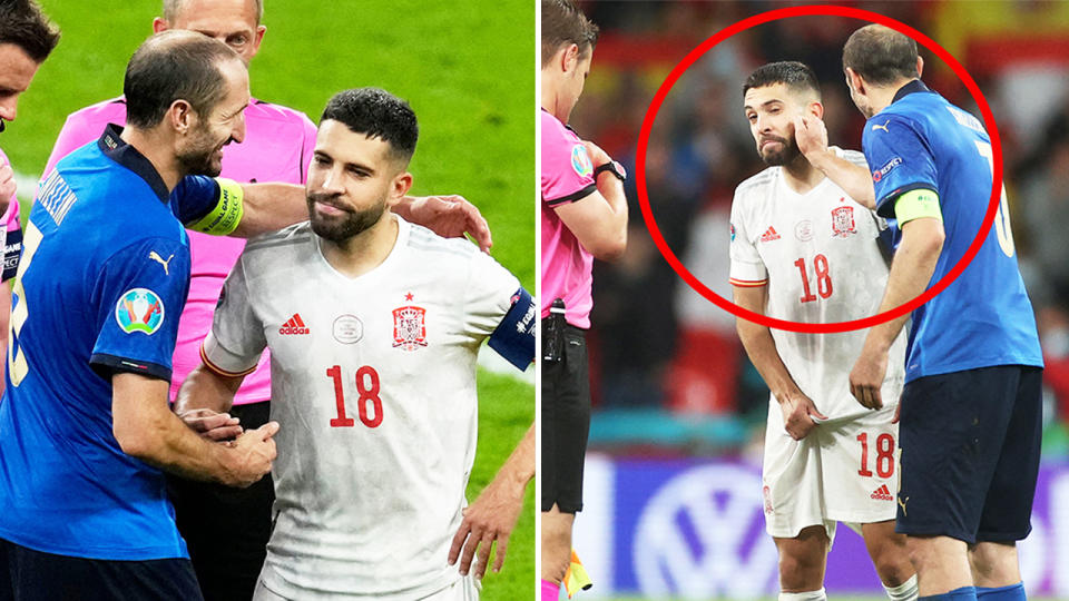 Giorgio Chiellini embracing Jordi Alba (pictured left) and joking around (picture right) before penalty shootouts at Euro 2020.
