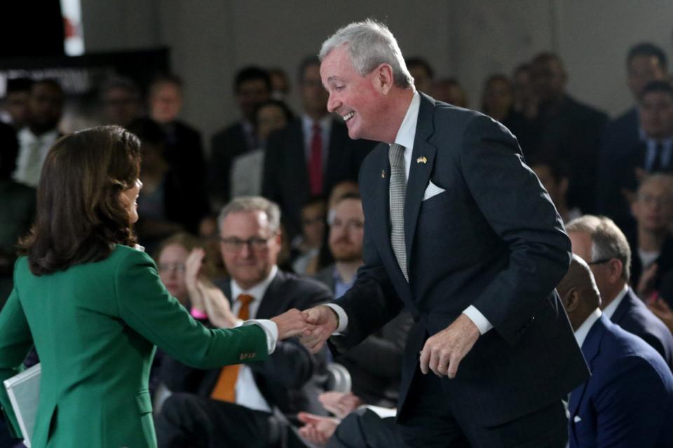 Governors Phil Murphy of New Jersey and Kathy Hochul are shown during a press conference, at Moynihan Train Station. Thursday, June 9, 2022