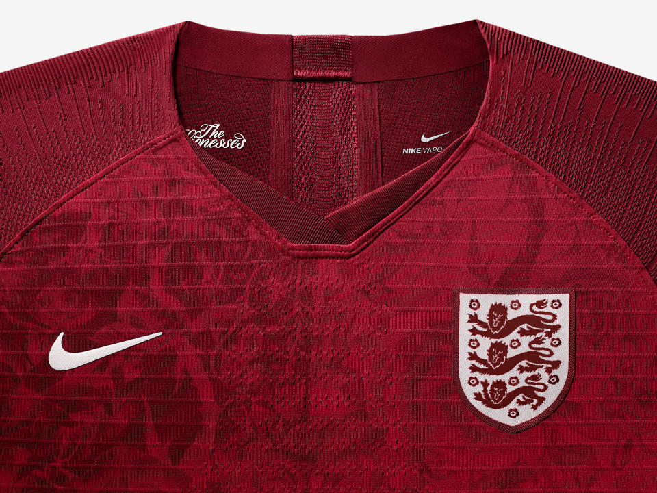 <p>The stunning away kit is a dark red crush colour, which is a unique darker shade exclusively for the women’s team, and incorporates the St. George’s Cross on the shirt and a tonal crest unique to the Lionesses. </p>