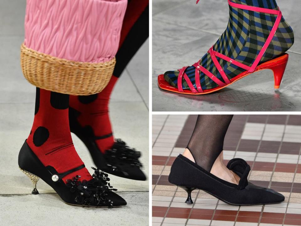 Clockwise from left: kitten heels at Miu Miu,&nbsp;Molly Goddard and Acne Studios. (Photo: Getty)