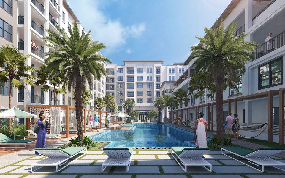 Rendering of a seven-story apartment complex that could rise on the west side of the former Twin City Mall site in Lake Park, Florida, as approved in May 2024 by the Lake Park and North Palm Beach planning boards.