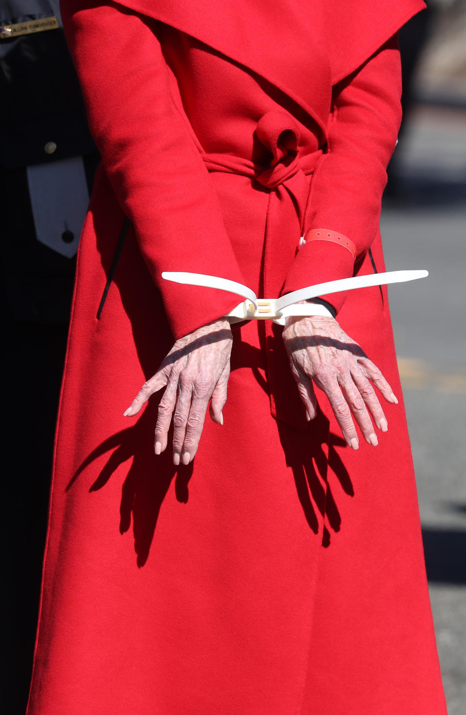 WASHINGTON, DC - OCTOBER 18: Actress Jane Fonda is arrested for blocking a street in front of the U.S. Capitol during a “Fire Drill Fridays” climate change protest and rally on Capitol Hill, October 18, 2019 in Washington, DC. Protesters are demanding urgent action on adapting the Green New Deal, clean, renewable energy, and an end to all new fossil fuel exploration and drilling.   (Photo by Mark Wilson/Getty Images)