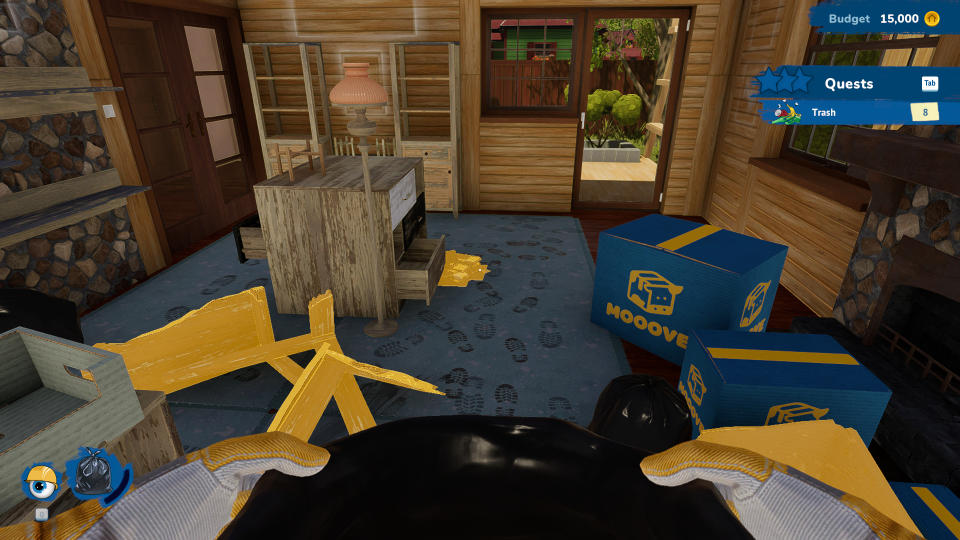 A House Flipper 2 player holds a mop bucket while looking at a bootprint-covered carpet.