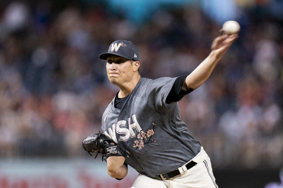 Washington Nationals relief pitcher Robert Garcia delivers during the sixth inning of a baseball game against the Los Angeles Dodgers, Friday, Sept. 8, 2023, in Washington. (AP Photo/Stephanie Scarbrough)