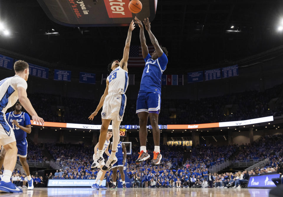 Seton Hall's Kadary Richmond (1) shoots against Creighton's Trey Alexander (23) during the first half of an NCAA college basketball game Wednesday, Feb. 28, 2024, in Omaha, Neb. (AP Photo/Rebecca S. Gratz)