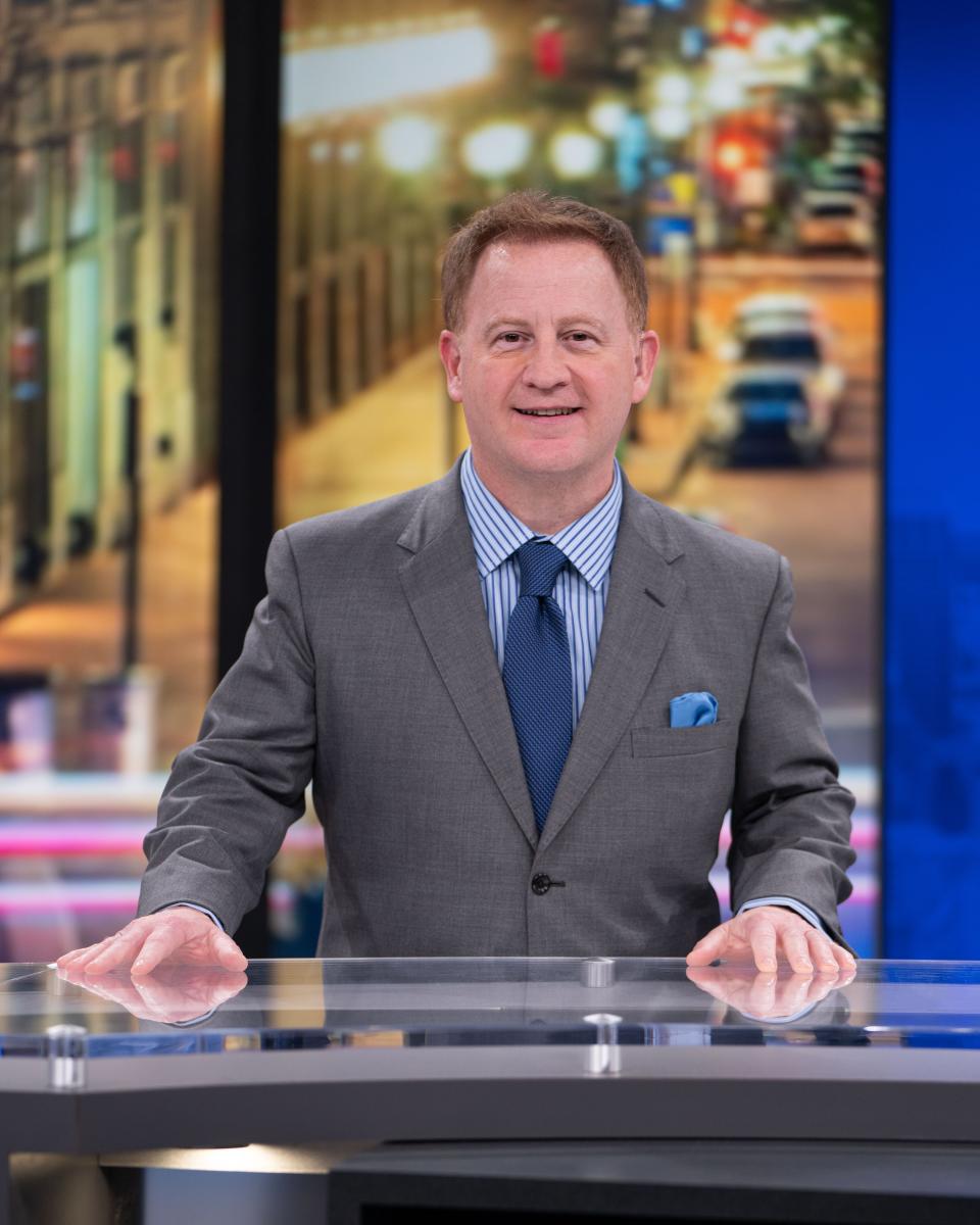 Fox 59 sports anchor Chris Hagan poses for a portrait Dec 10, 2023, Indianapolis, at Fox 59 Studio. Mandatory Credit: Jacob Musselman-The Indianapolis Star