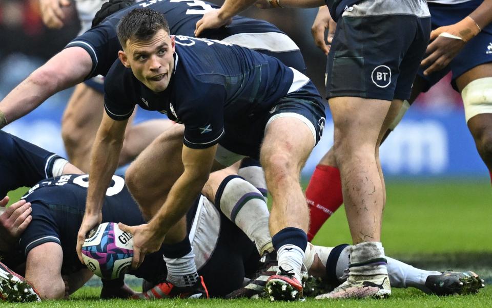 Scottish scrumhalf Ben White passes the ball during the Six Nations international rugby match between Scotland and France at Murrayfield Stadium in Edinburgh, Scotland on February 10, 2024