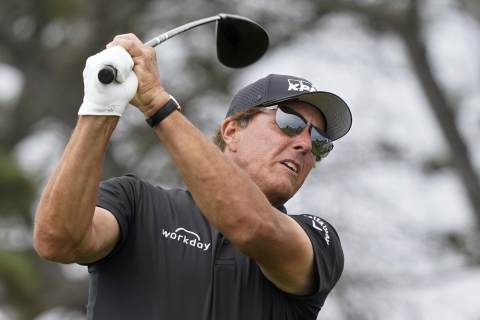 Phil Mickelson plays his shot from the fifth tee during the second round of the U.S. Open Golf Championship, Friday, June 18, 2021, at Torrey Pines Golf Course in San Diego. (AP Photo/Marcio Jose Sanchez)