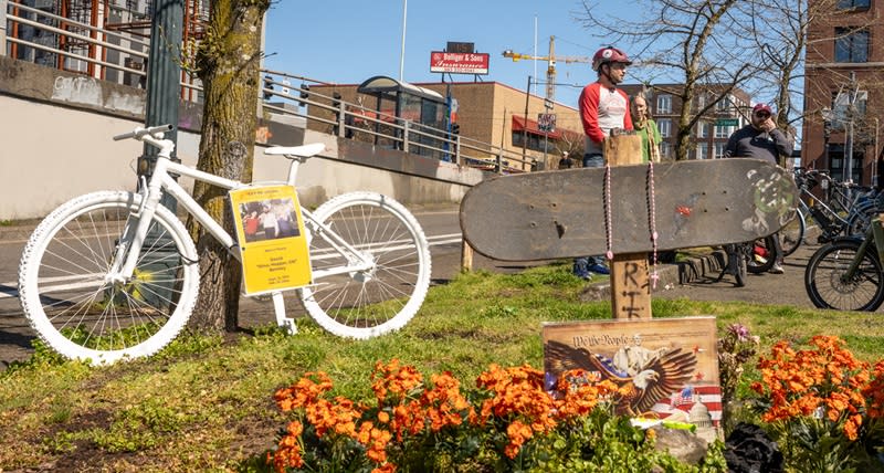 A ghost bike was placed in honor of David Bentley, who died in a hit-and-run in Portland, March 30, 2024 (Sarah Risser)