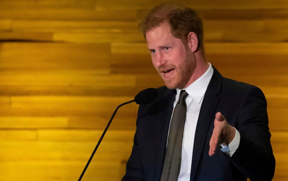 The Duke of Sussex speaks at the event, held to mark 12 months until the 2025 Invictus Games take place