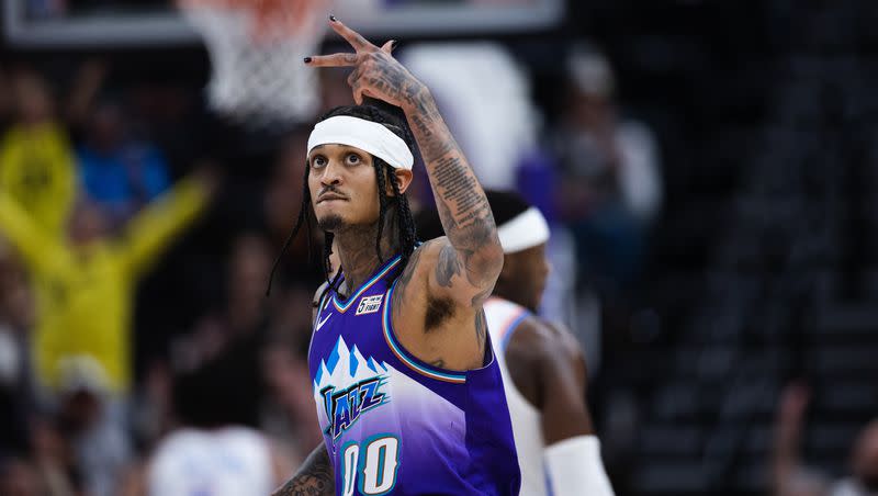 Utah Jazz guard Jordan Clarkson celebrates after a 3-pointer during an NBA game in Salt Lake City on Feb. 23, 2023. The Jazz and their popular guard are reportedly working out details on a contract extension.