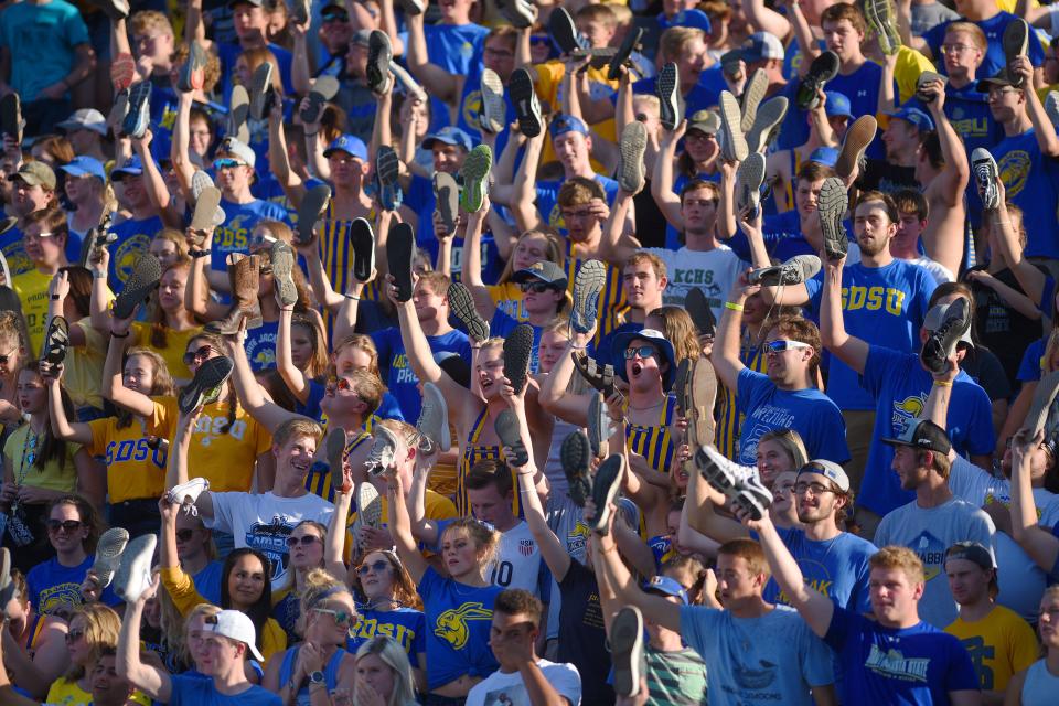 SDSU's student section cheers during the game against Arkansas-Pine Bluff Saturday, Sept. 15, at Dana J Dykhouse Stadium in Brookings.