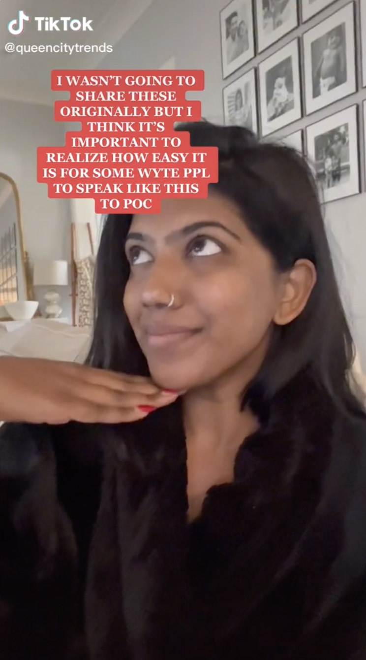 Vidya at the beginning of her TikTok next to some text that reads "