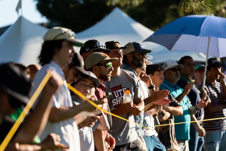 A crowd gathers around the 18th hole to watch Roger Sloan win the Utah Championship, part of the PGA Korn Ferry Tour, at Oakridge Country Club in Farmington on Sunday, Aug. 6, 2023. | MEGAN NIELSEN, Megan Nielsen, Deseret News