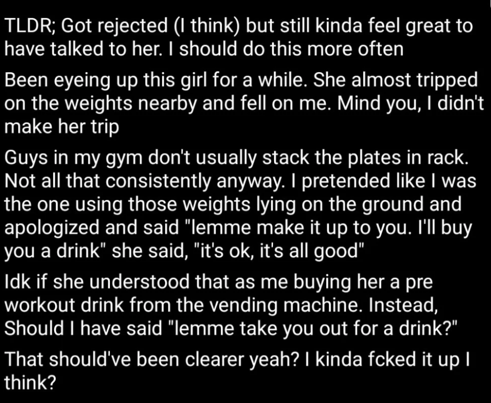 Man's post about trying to ask a woman out at the gym but she declined