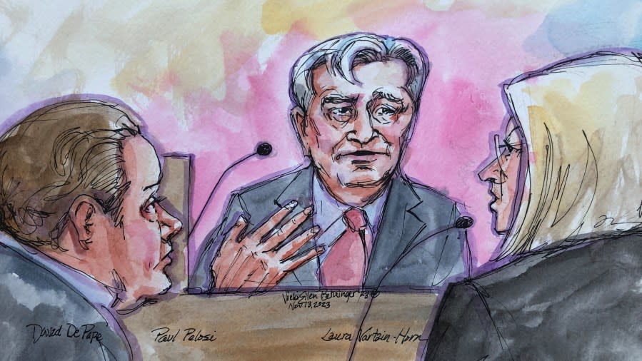 Paul Pelosi testifies against David DePape in a San Francisco courtroom on Nov. 13, 2023. (Courtroom sketch by Vicki Behringer)