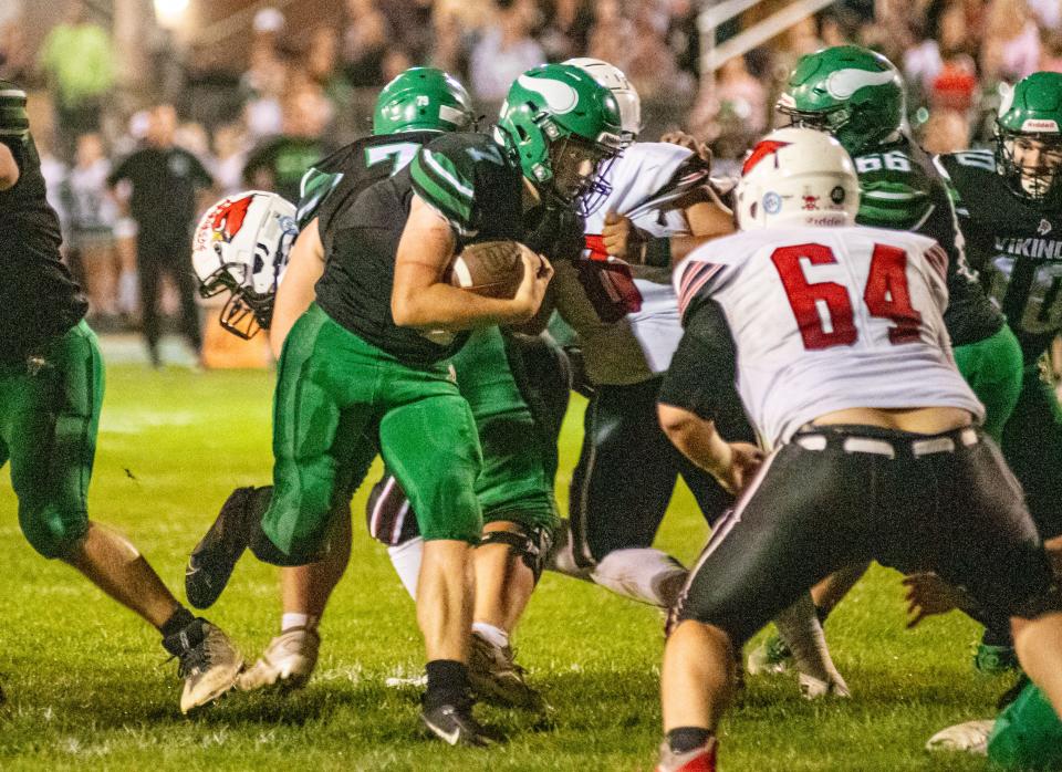 Quarterback Jack Christensen runs into the endzone for North Boone's first touchdown in the second quarter of their game on Friday, Sep. 22, 2023 in Poplar Grove.